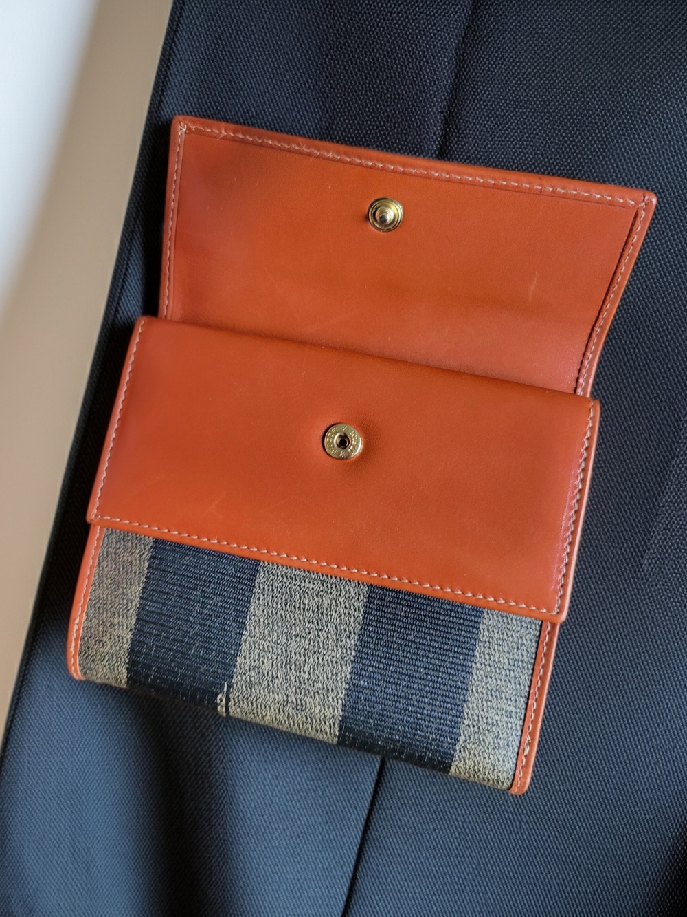 FENDI PEQUIN Tri-Fold Wallet Leather/Canvas Brown Black Authentic - Picture 4 of 8